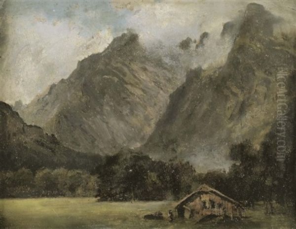 Gebirgstal Mit Hutte Und Staffagefigur Oil Painting by Adolf Obermuellner