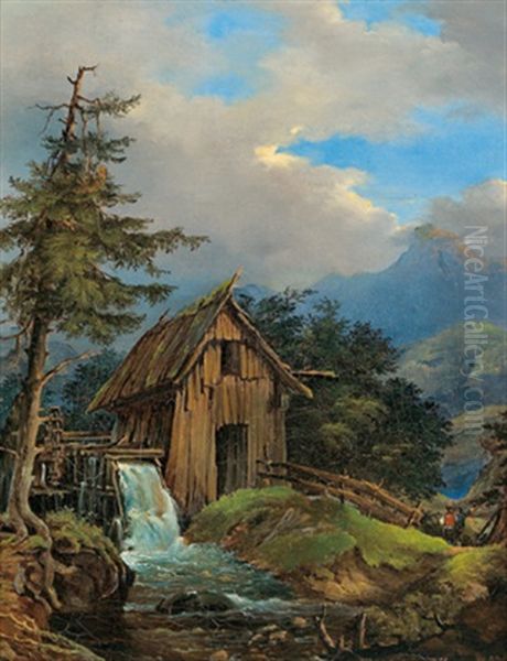 Muhle Bei Grein In Oberosterreich Oil Painting by Adolf Obermuellner