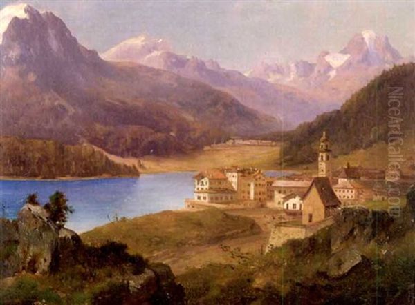 Dorf Und Bad St. Moritz In Ober-engadin - Piz Rosegg, Piz Corvatsch, Piz Margna Oil Painting by Adolf Obermuellner