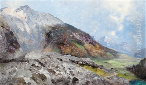 Gebirgslandschaft Mit Blick In Ein Tal Oil Painting by Adolf Obermuellner