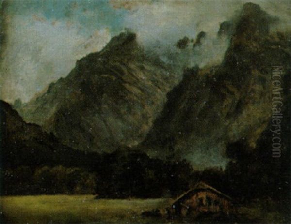 Gebirgstal Mit Hutte Und Staffagefigur Oil Painting by Adolf Obermuellner