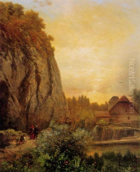 Figures On A Path By A River With A Cabin Beyond Oil Painting by Adolf Obermuellner