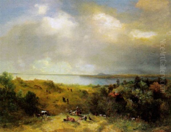 Grosse Landschaft Mit Weidenden Kuhen Im Vordergrund Oil Painting by Adolf Obermuellner