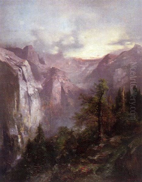 Hochgebirgslandschaft Bei Abendstimmung Oil Painting by Adolf Obermuellner