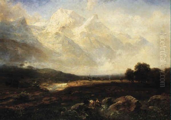 View Of Chamonix With The Mont Blanc In The Background Oil Painting by Adolf Obermuellner