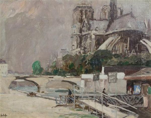 The Seine By Notre Dame Cathedral Oil Painting by George Oberteuffer