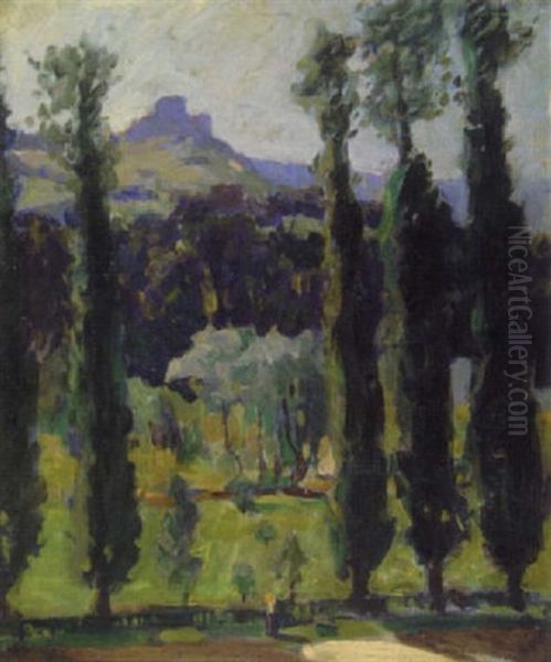 Paysage Aux Cypres Oil Painting by George Oberteuffer