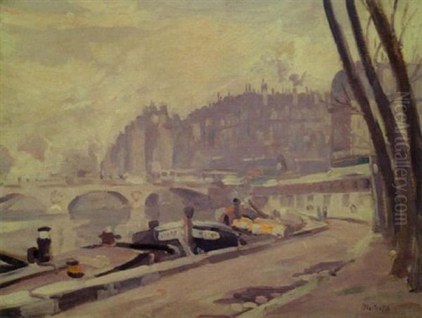 Les Quais De La Seine, Paris Oil Painting by George Oberteuffer