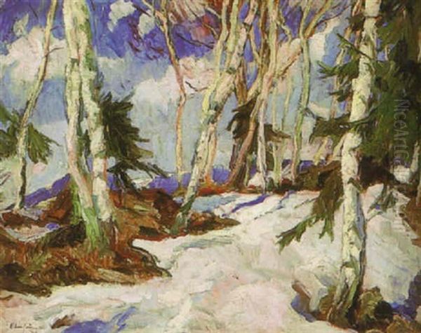 Trees In Snow Oil Painting by George Oberteuffer