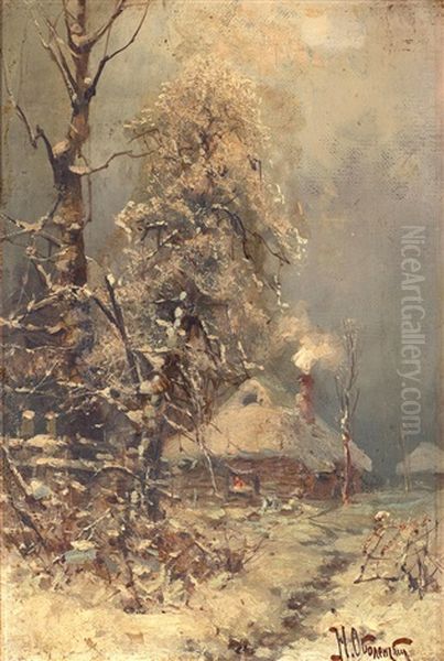 Winter Landscape With Cottage Oil Painting by Nikolai Obolensky