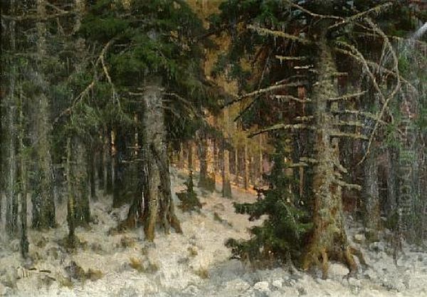 A Pine Forest In Winter Oil Painting by Nikolai Obolensky