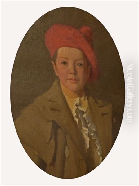 Portrait Of A Young Boy With Red Tam Oil Painting by Dermod O'Brien