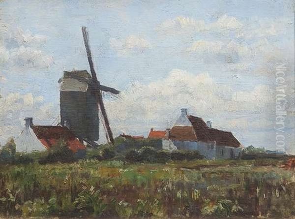 Cottages And Windmill Oil Painting by Dermod O'Brien