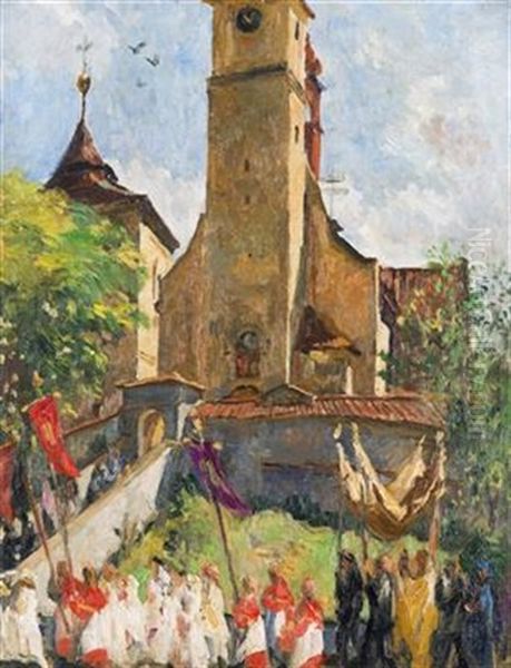 Procession In Front Of A Church Oil Painting by Jakub Obrovsky