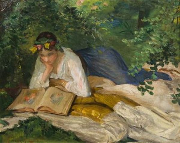 A Female Reader Oil Painting by Jakub Obrovsky