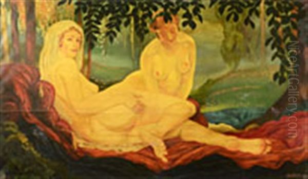 Nudes In A Landscape Oil Painting by Jakub Obrovsky