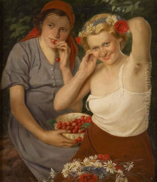 Jeunes Filles Au Panier De Fruits Oil Painting by Jakub Obrovsky