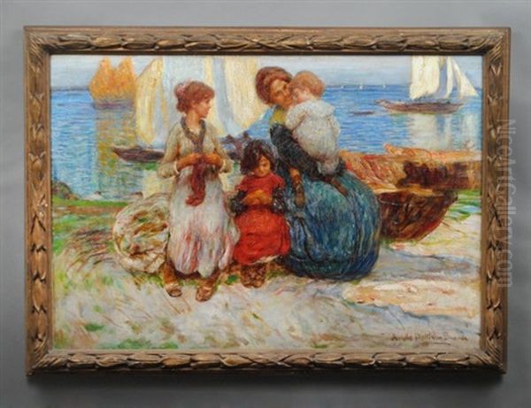 Mother And Children With Boats Oil Painting by Angelo dall' Oca Bianca