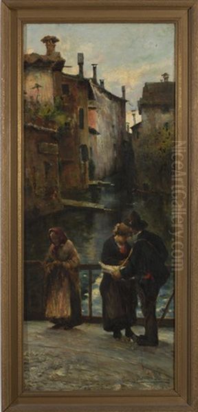 Canal Scene With Street Vendor On A Bridge Oil Painting by Angelo dall' Oca Bianca