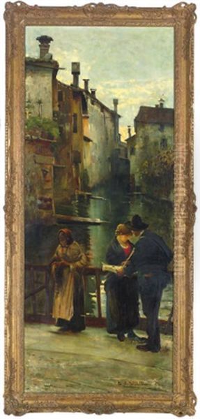 Figures On A Bridge Over A Canal Oil Painting by Angelo dall' Oca Bianca