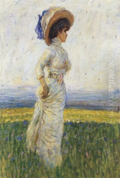 Figura Di Donna In Abito Bianco Oil Painting by Angelo dall' Oca Bianca