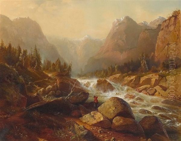 Gebirgslandschaft Mit Wildbach Oil Painting by Gustav Ochs