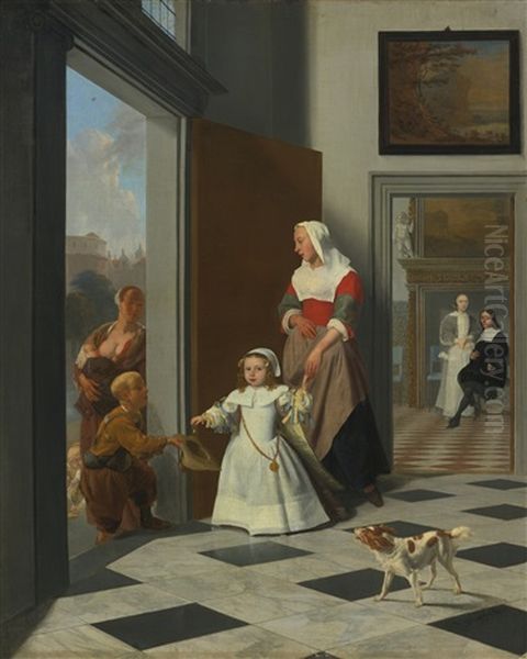 A Child And Nurse In The Foyer Of An Elegant Townhouse, The Parents Beyond Oil Painting by Jacob Ochtervelt