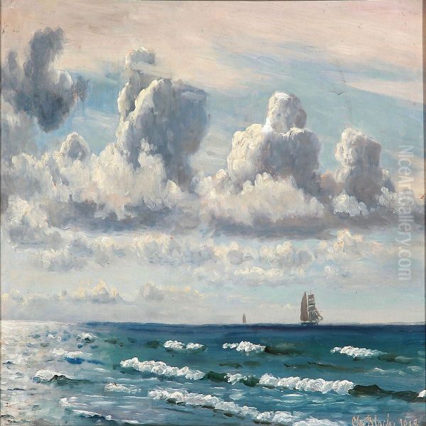 Summer Day With Breakers And Sailing Ships On The Sea Oil Painting by Christian Vigilius Blache