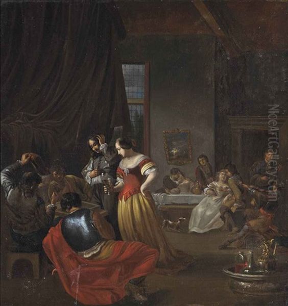 An Interior With Elegant Figures Playing Backgammon And Others Merrymaking Oil Painting by Jacob Ochtervelt