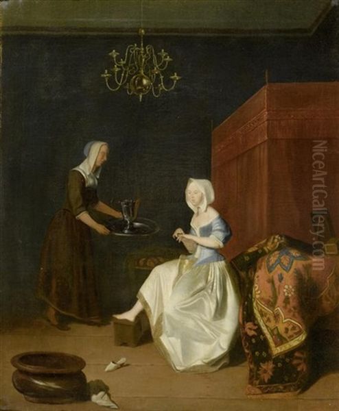 Edle Dame Mit Dienerin In Einem Interieur Oil Painting by Jacob Ochtervelt