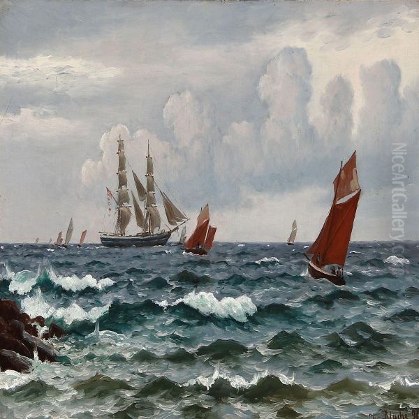 Boats And Ships Near A Coast Oil Painting by Christian Vigilius Blache