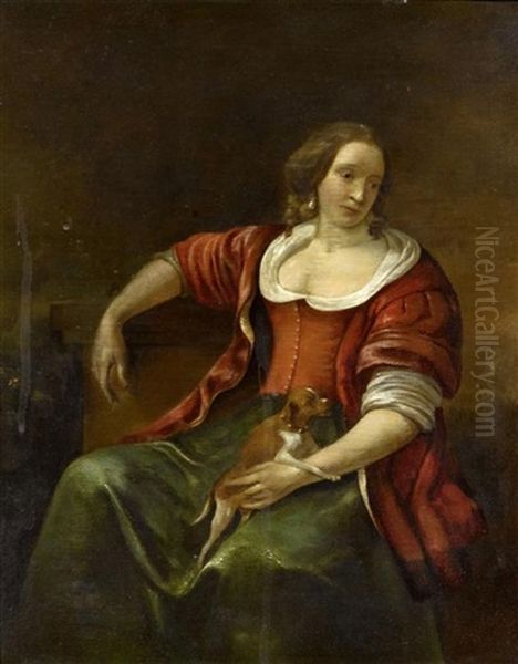 Frau Mit Hund Auf Dem Schoss Oil Painting by Jacob Ochtervelt