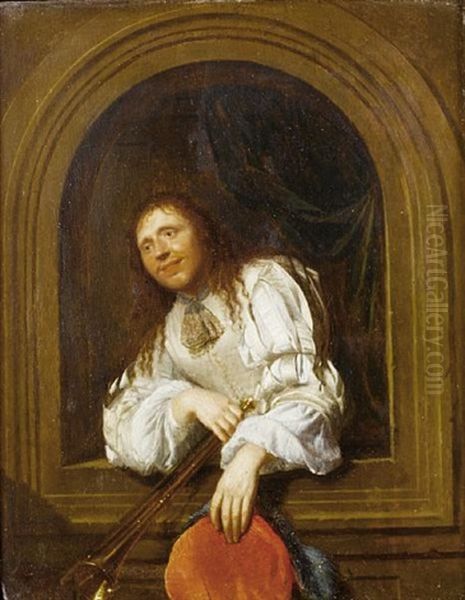 Portrait Of A Gentleman In A White Silk Chemise And A Red Waistcoat, Holding A Trumpet, Standing At An Arched Window Oil Painting by Jacob Ochtervelt