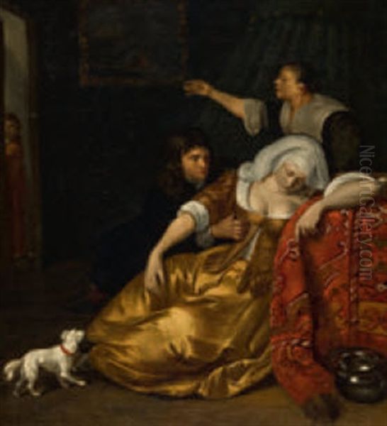 In Ohnmacht Gefallene Dame, Von Verehrer Und Kammerzofe Umsorgt Oil Painting by Jacob Ochtervelt