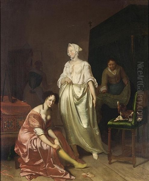 An Interior With Two Elegant Ladies Making Their Toilet Together With A Maid Making The Bed And A Dog On A Chair Oil Painting by Jacob Ochtervelt