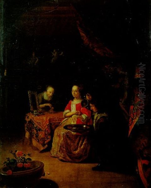 Interieur Mit Einer Dame, Ihrer Magd Und Einem Diener Oil Painting by Jacob Ochtervelt