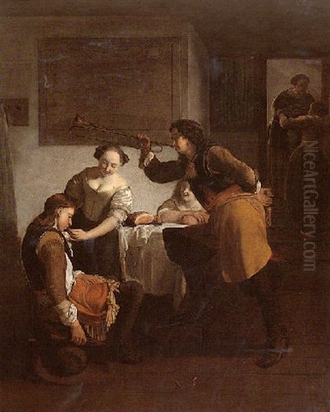 A Domestic Interior With Figures Teasing A Sleeping Soldier Oil Painting by Jacob Ochtervelt