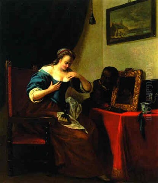 A Lady At Her Toilet With A Servant Holding A Mirror Oil Painting by Jacob Ochtervelt