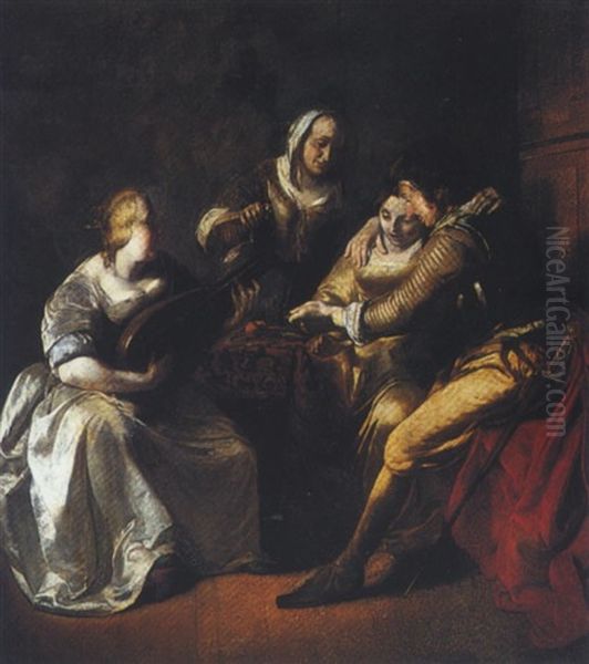 Interior Scene With A Couple Seated At A Table With Another Lady Playing The Lute And A Maid Standing Behind Oil Painting by Jacob Ochtervelt