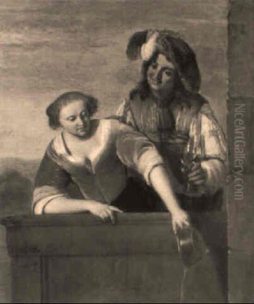 A Man Holding A Giant Roemer And A Woman Emptying A Bowl On A Balcony Oil Painting by Jacob Ochtervelt