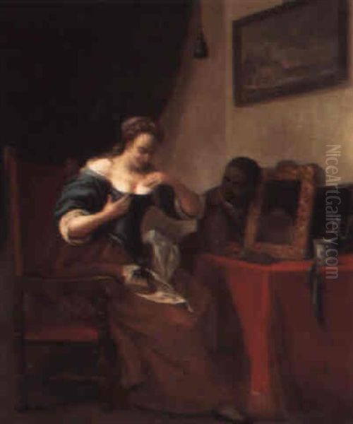 A Lady At Her Toilet With A Young Maid Holding A Mirror Oil Painting by Jacob Ochtervelt