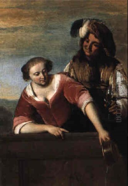 Cavalier And A Maid On A Balcony Oil Painting by Jacob Ochtervelt