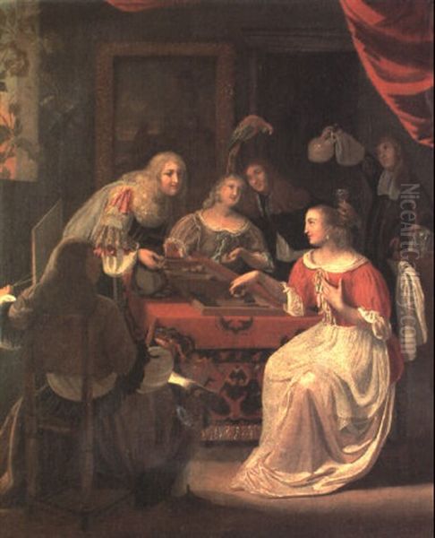 Elegant Company Playing Backgammon In An Interior Oil Painting by Jacob Ochtervelt