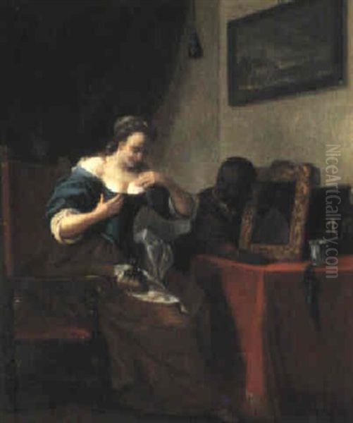 Lady At Her Toilette With A Negro Servant Oil Painting by Jacob Ochtervelt