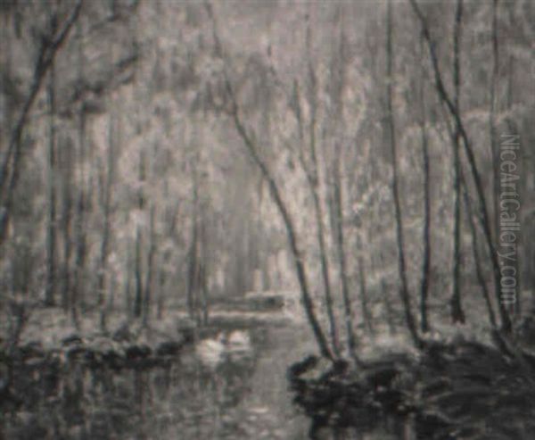 A Day In May: Wooded Stream With Swans by Leonard Ochtman