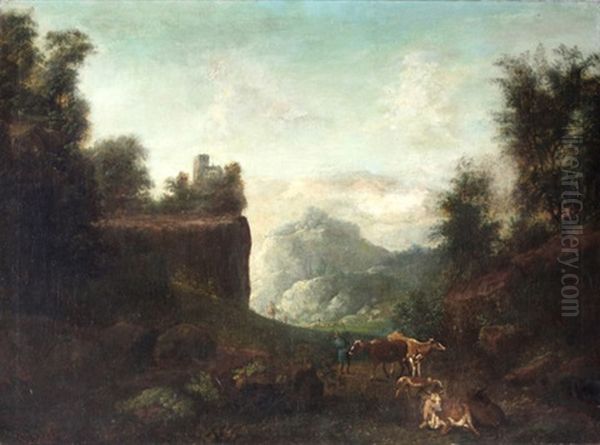 Gebirgslandschaft Mit Hirten Und Weidevieh Oil Painting by Eduard Ockel