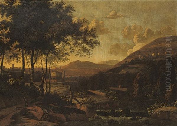 A Wooded River Landscape With A Peasant Woman And A Dog On A Track Oil Painting by Arien Ocker