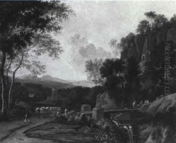 Cowherd And Cattle Near A Bridge Over A Torrent With Travellers Oil Painting by Arien Ocker