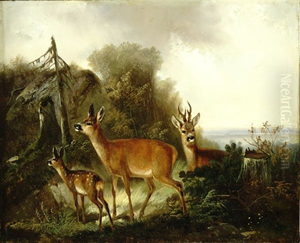 Rotwild Auf Einer Waldlichtung, Im Hintergrund Weite Ebene Landschaft by Carl Friedrich Ockert