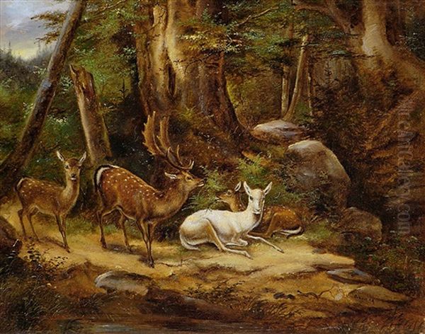 Hirsche Im Wald Oil Painting by Carl Friedrich Ockert